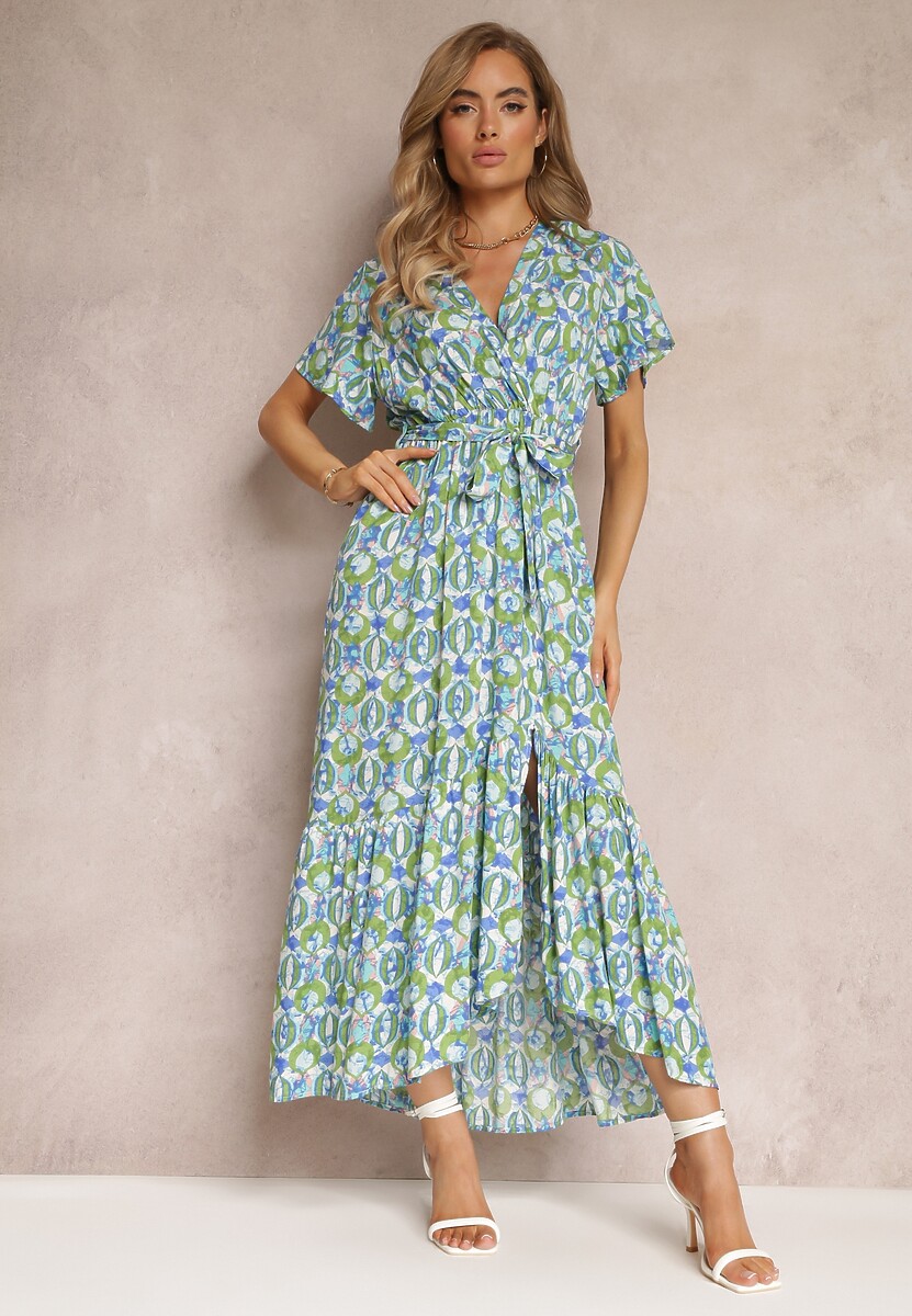 Zielona Sukienka z Wiskozy i Kopertowym Dekoltem w Fantazyjny Print Abai