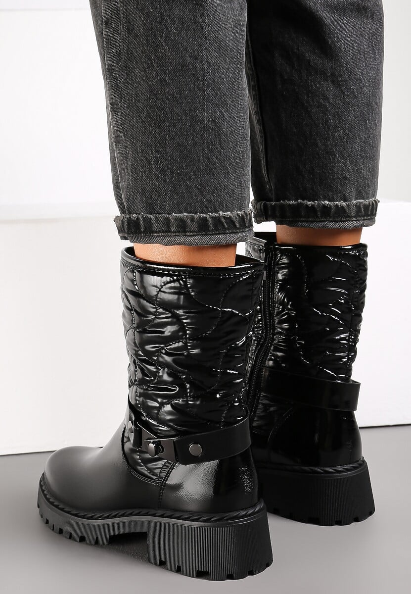 Czarne Botki Lakierowane z Pikowaną Cholewką Dilfe