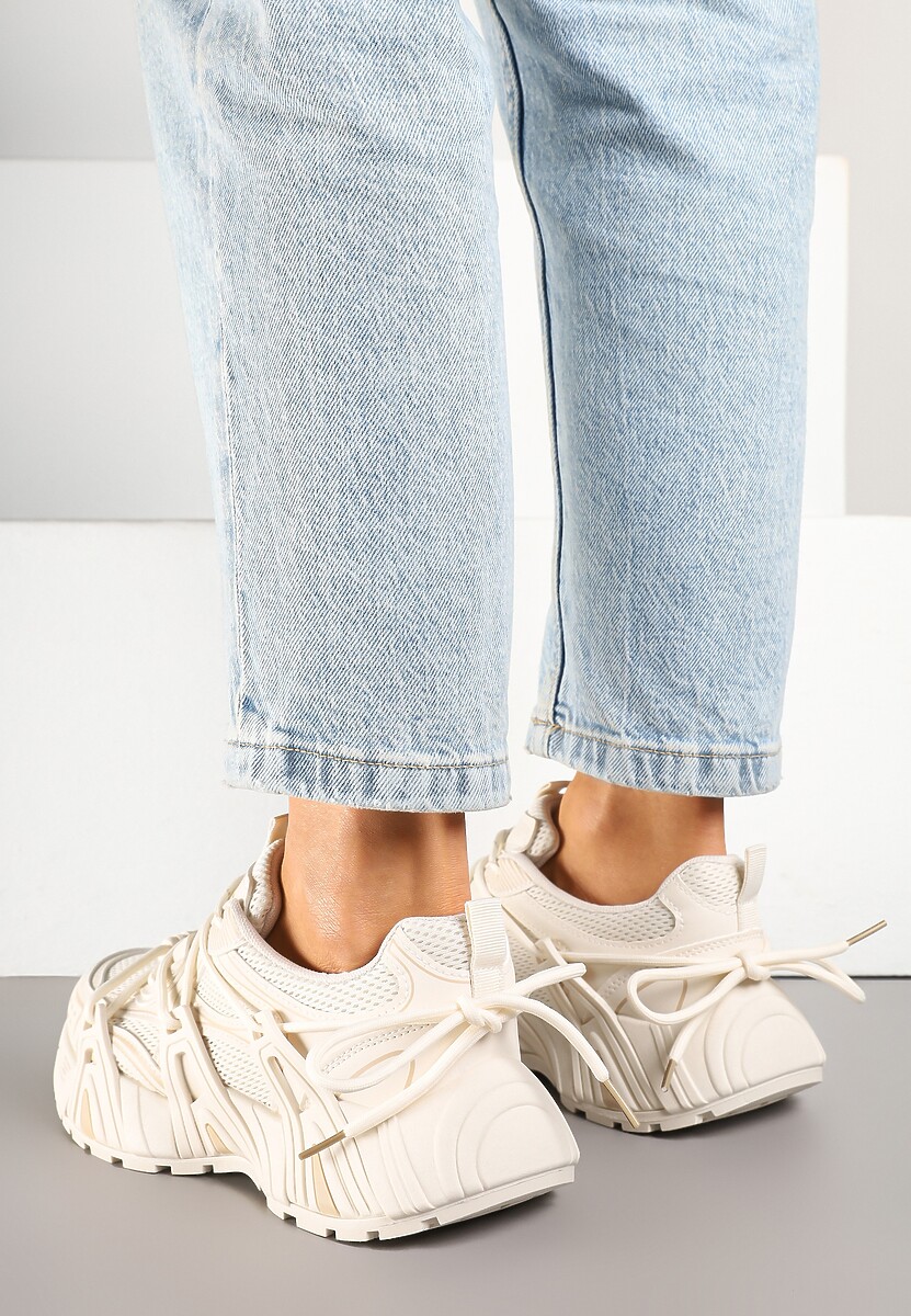 Beżowe Sneakersy na Platformie z Designerskim Sznurowaniem Julieve