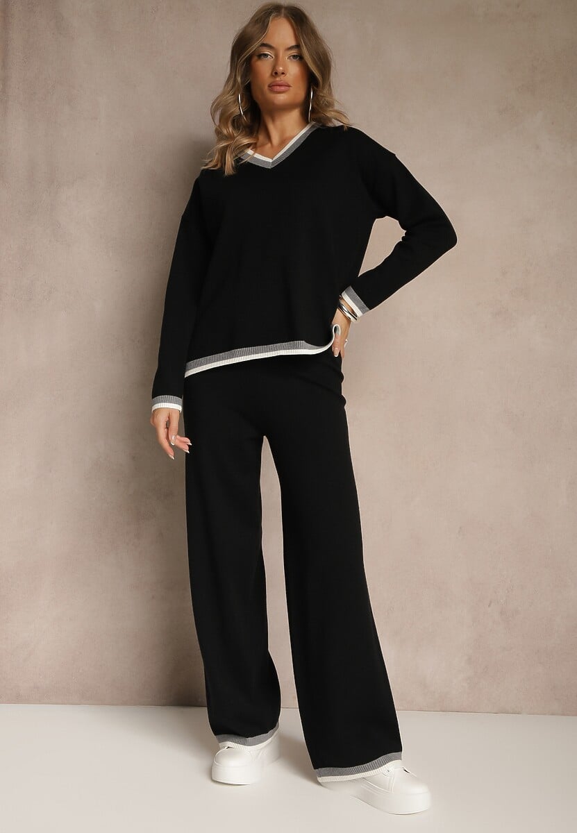 Czarny Komplet Dzianinowy Sweter i Spodnie Wide Leg z Ozdobną Lamówką Ralenia