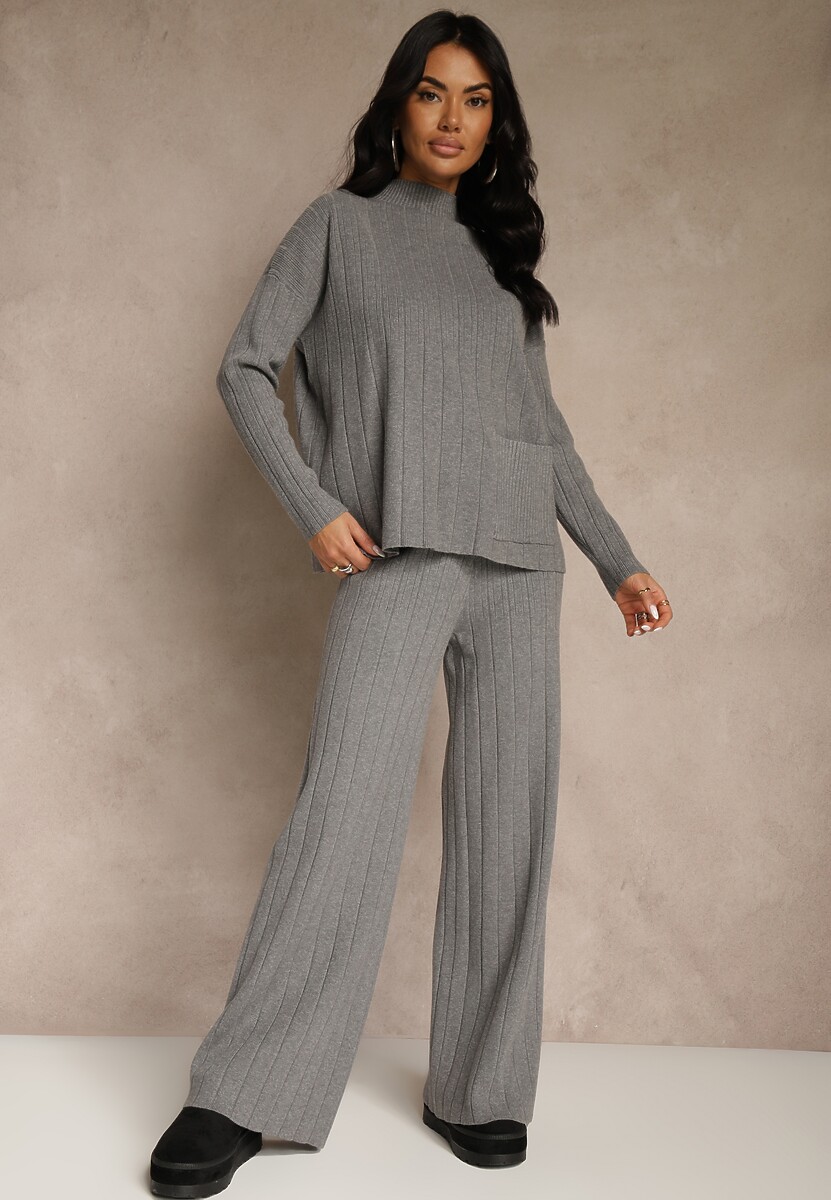 Czarny Komplet Dzianinowy Spodnie o Szerokim Kroju i Sweter Półgolf Datusa