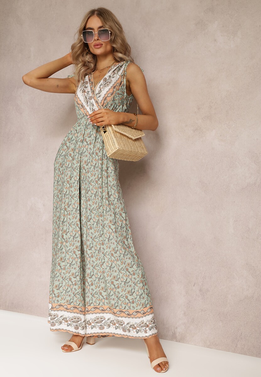 Zielony Kombinezon z Wiskozy Ozdobiony Kwiatowym Printem i Troczkami przy Ramionach Taglieri