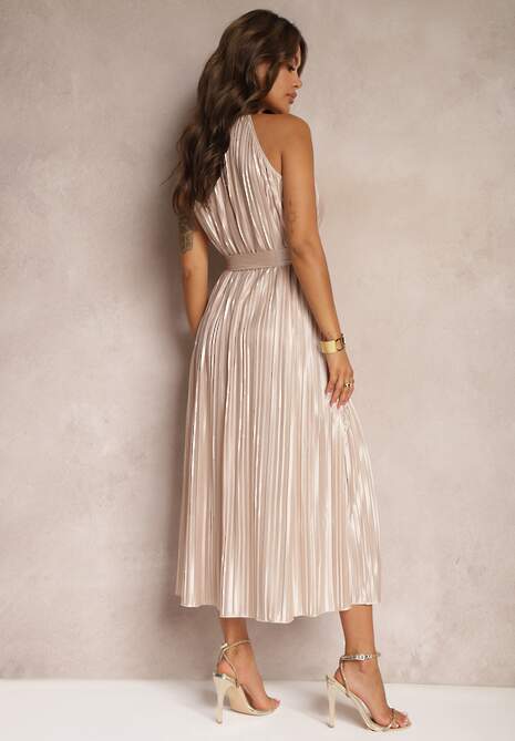 Beżowa Sukienka Plisowana z Paskiem w Talii na Cienkich Ramiączkach Wasea