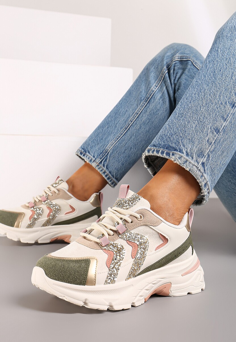 Niebieskie Sznurowane Sneakersy na Platformie Ozdobione Brokatem Betira