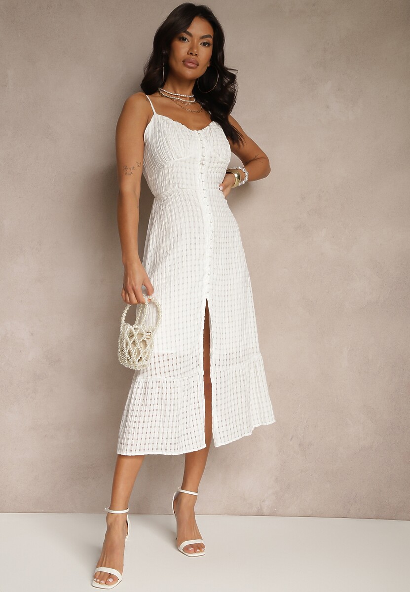 Biała Rozkloszowana Sukienka z Wiskozą na Cienkich Ramiączkach z Guzikami Efrisela