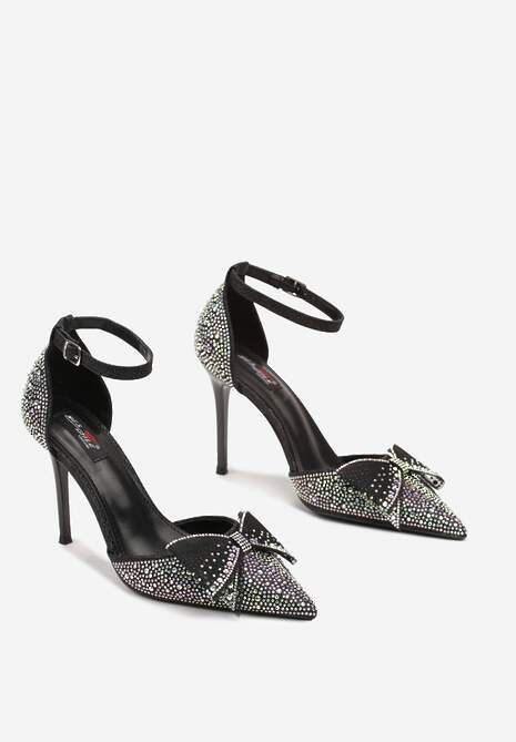 Czarne Cyrkoniowe Szpilki z Ozdobną Kokardą Tennelea