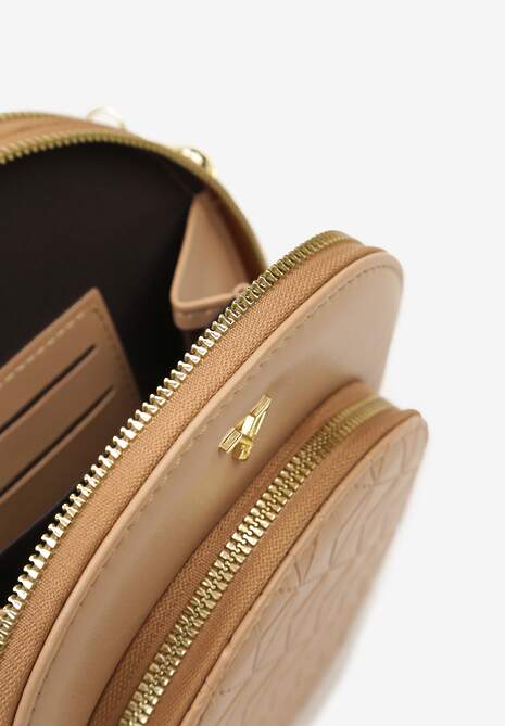 Ciemnobeżowa Owalna Torebka o Małym Fasonie na Ramię z Wzorzystym Paskiem Selaeno