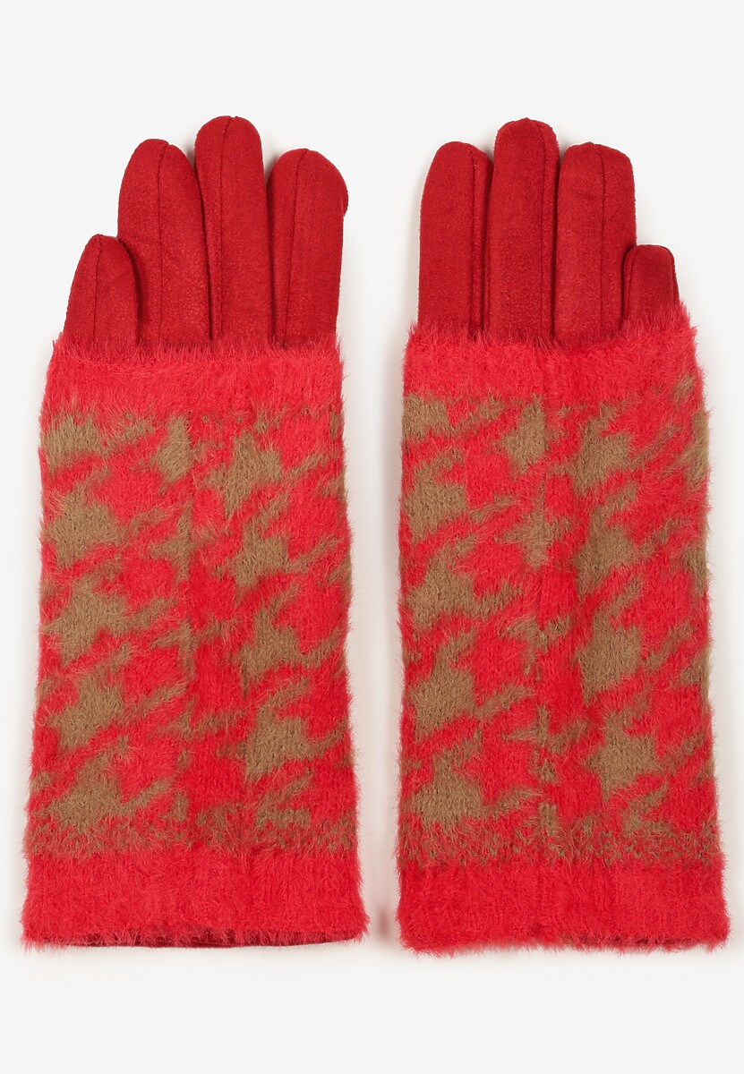 Czerwone Rękawiczki Welurowe z Ozdobną Dzianinową Nakładką Seliti