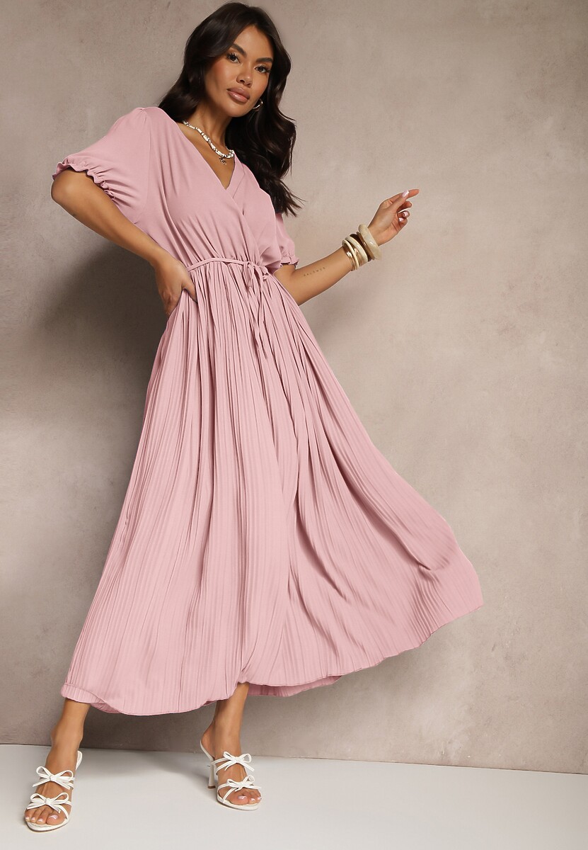 Różowa Sukienka z Bawełną Ozdobiona Kopertowym Dekoltem i Paskiem Grellevia