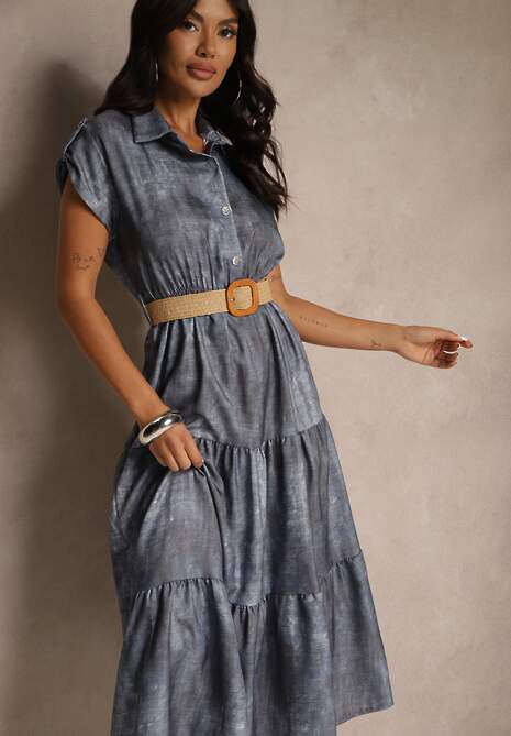 Niebieska Sukienka z Guzikami i Paskiem z Plecionki Fillona