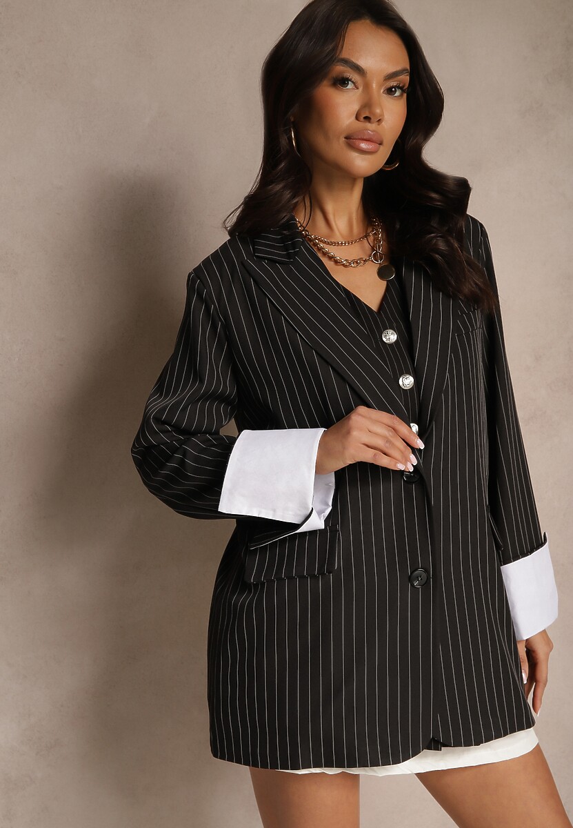 Ciemnobrązowa Marynarka Jednorzędowa o Pudełkowym Kroju w Pionowe Paski Eonevia