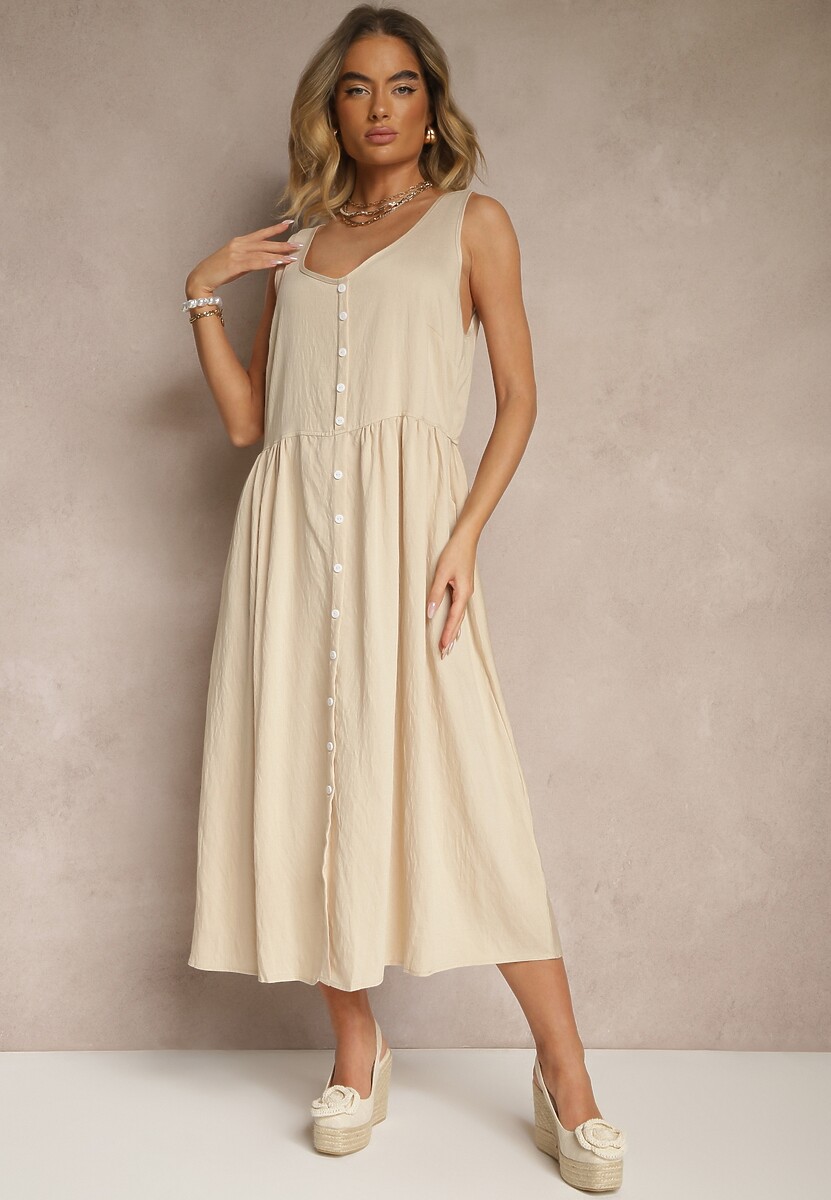 Beżowa Rozkloszowana Sukienka z Wiskozy Ozdobiona Guzikami Nataviela
