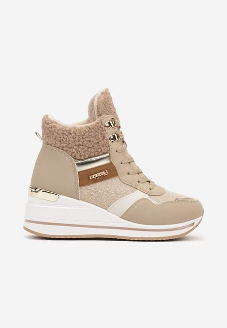 Ciemnobeżowe Botki na Koturnie w Streetwearowym Stylu Ozdobione Futerkiem Arabelline