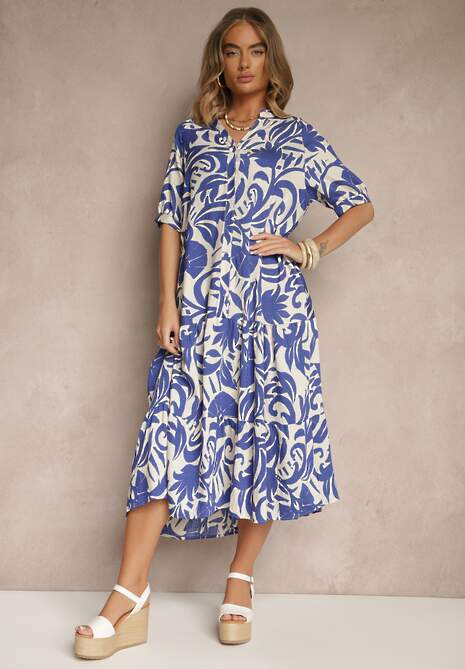 Niebieska Rozkloszowana Sukienka z Wiskozy Ozdobiona Falbaną Filesenia