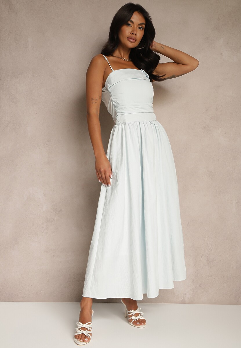 Jasnoniebieska Sukienka z Wiskozy z Bawełną Ozdobiona Zakładką Atellana