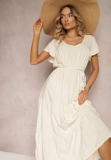 Jasnobeżowa Sukienka z Wiskozy o Rozkloszowanym Kroju z Falbanami Jonmy