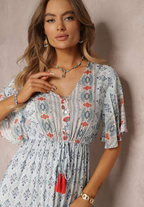 Jasnoniebieska Sukienka Maxi z Krótkim Rękawem i Gumką w Talii Emaya