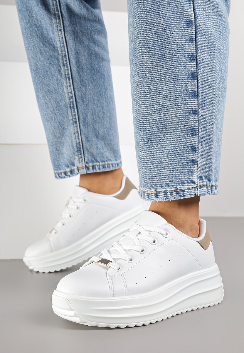 Białe Sneakersy na Platformie z Tłoczeniem i Perforacją Anirriva