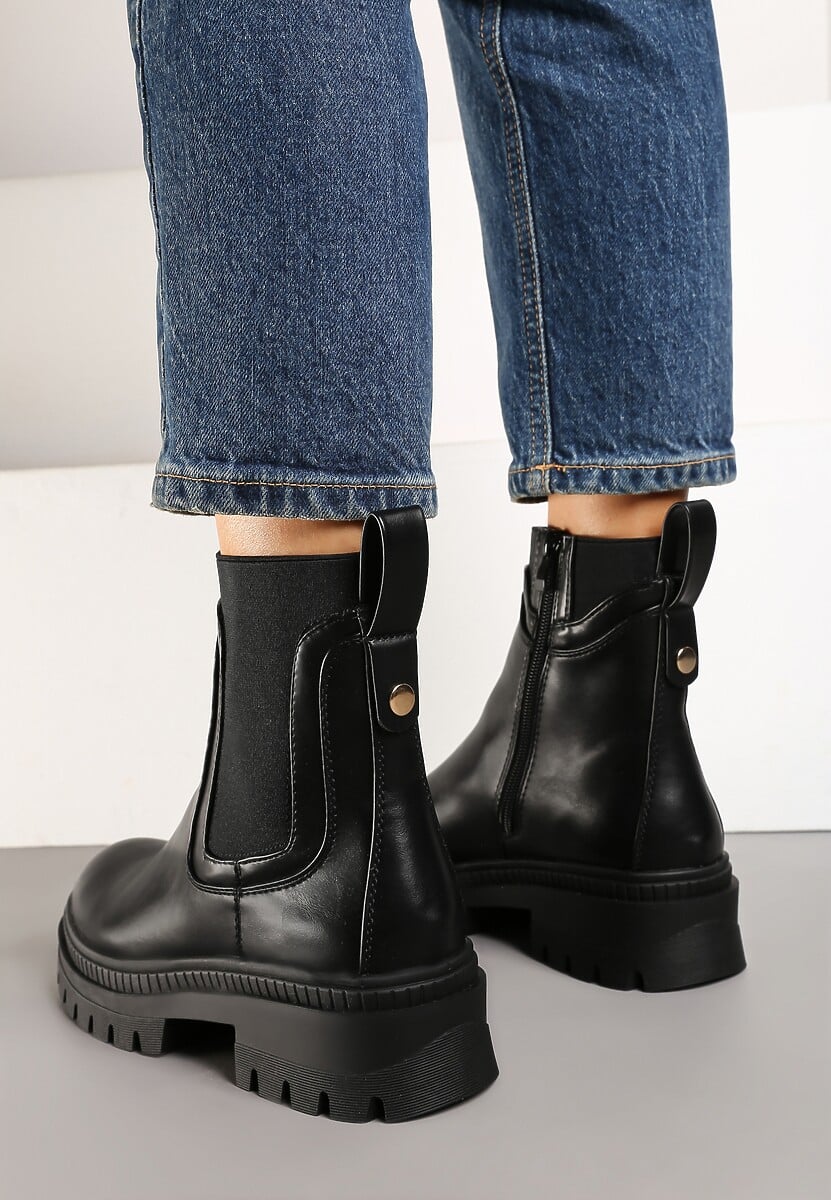Czarne Płaskie Botki w Stylu Sztybletów z Ozdobnymi Przeszyciami Narirae