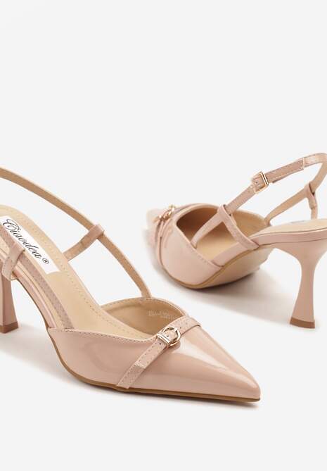 Beżowe Sandały Lakierowane Slingback Ozdobione Klamrą Novilora