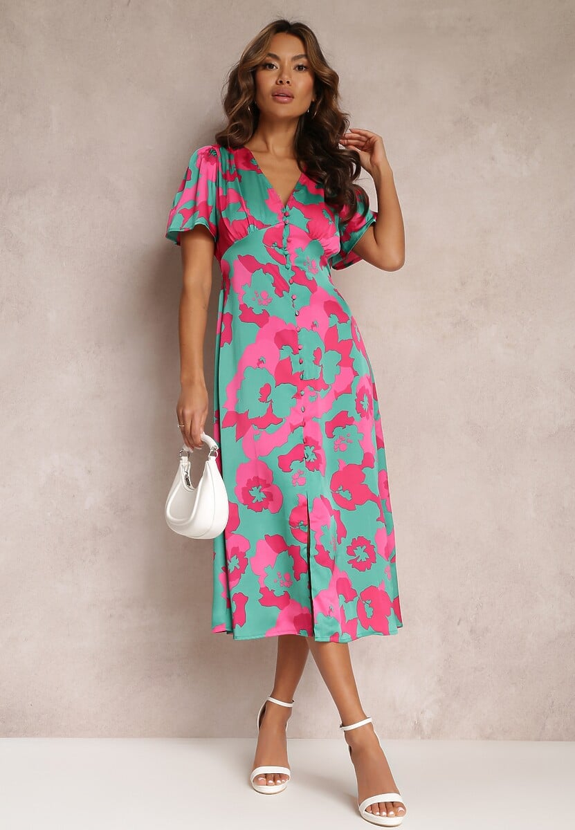 Zielona Rozkloszowana Sukienka na Guziki w Kwiaty Meliar