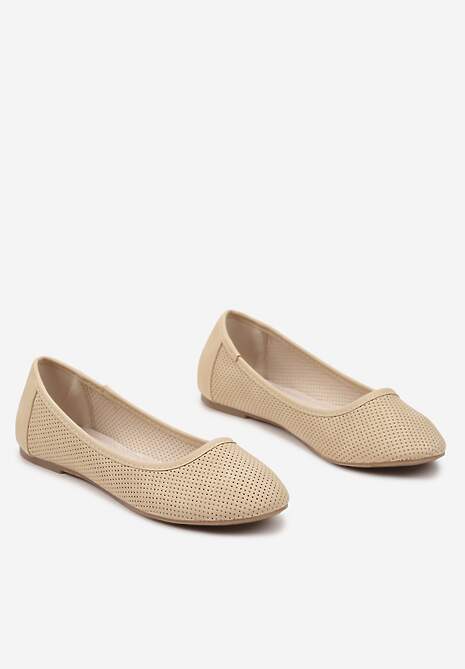 Beżowe Balerinki z Perforacją i Wkładką ze Skóry Naturalnej Nonaviael