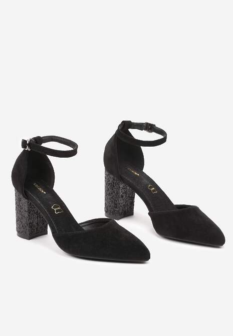 Czarne Eleganckie Czółenka Vices na Słupku Ozdobionym Brokatem ze Skórzaną Wkładką Rianora
