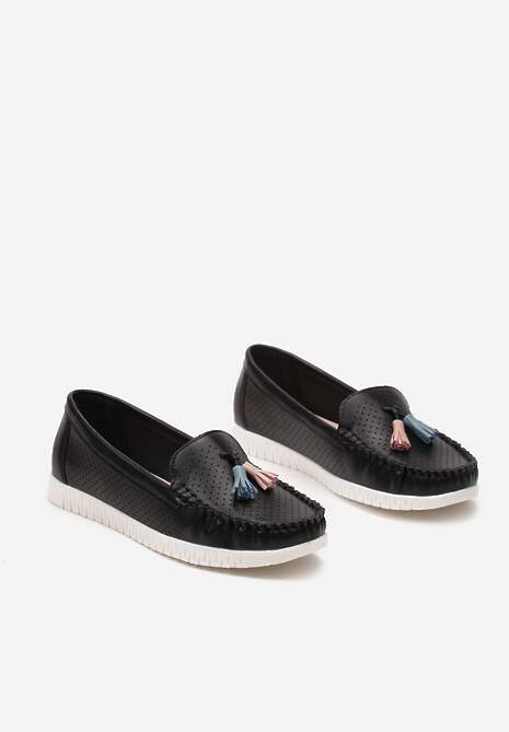 Czarne Mokasyny ze Skórzaną Wkładką z Perforacją i Frędzlami Imkerdia