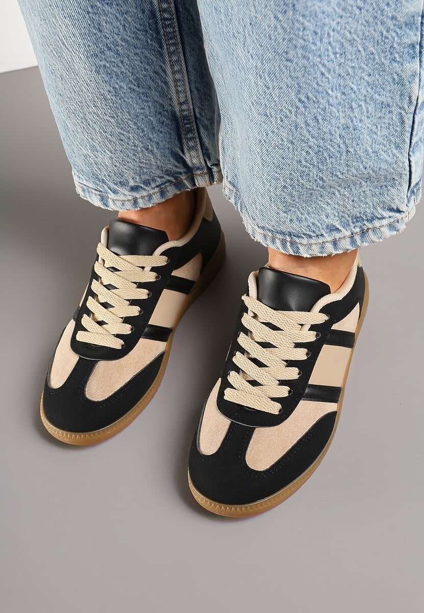Czarno-Beżowe Sneakersy Sportowe przed Kostkę z Ozdobnymi Paskami Zonevia