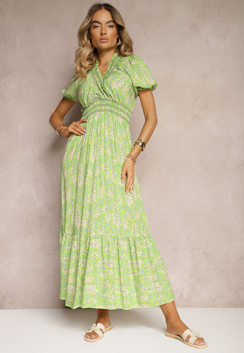 Granatowa Trapezowa Sukienka z Bawełny z Bufiastymi Rękawami Falbaną i Gumką w Talii Vimayana