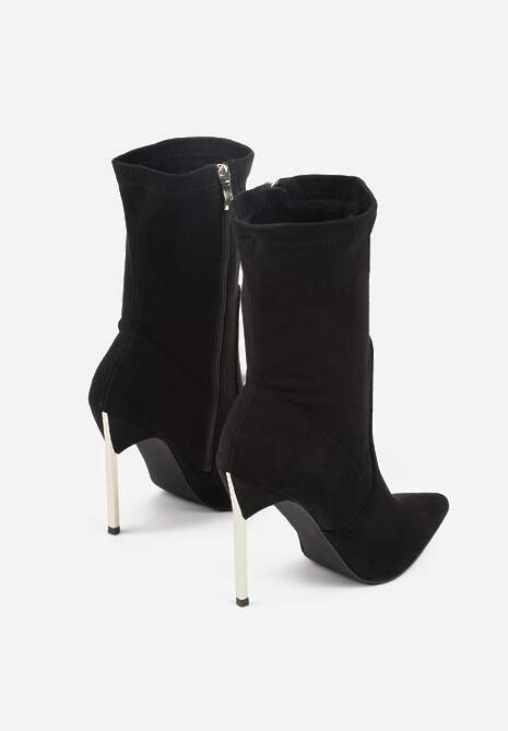 Czarne Botki na Szpilce Ozdobione Metaliczną Wstawką Amiltia