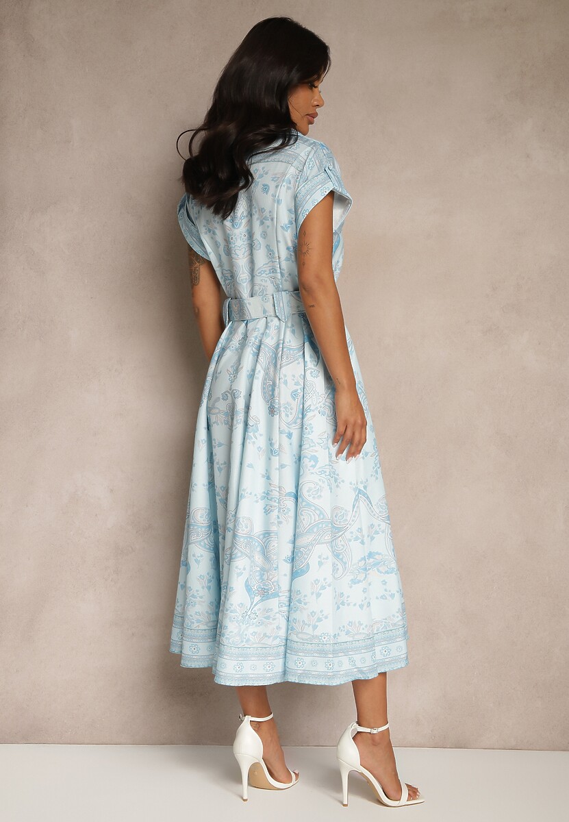 Niebieska Sukienka z Lnu i Wiskozy o Koszulowym Kroju z Paskiem z Klamrą Aluvanna