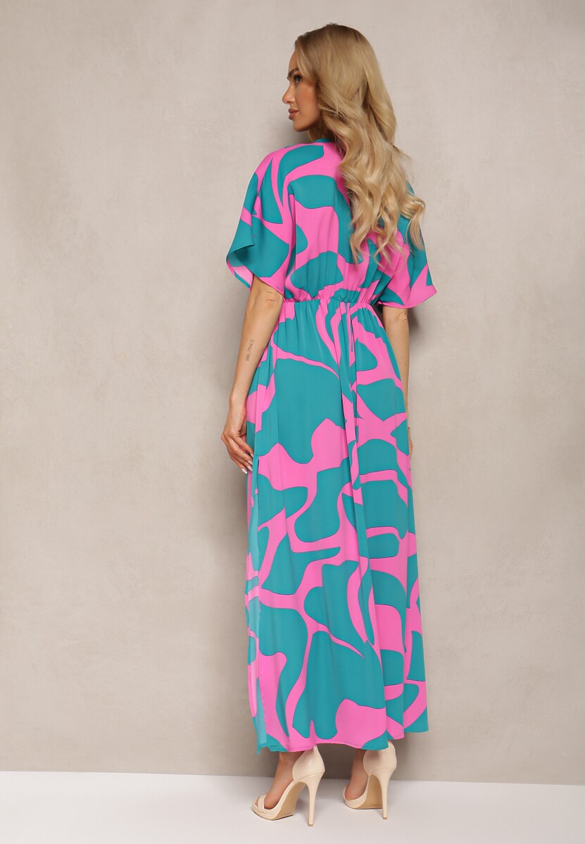 Niebiesko-Różowa Rozkloszowana Sukienka z Gumką w Talii i Rozcięciami Fienda