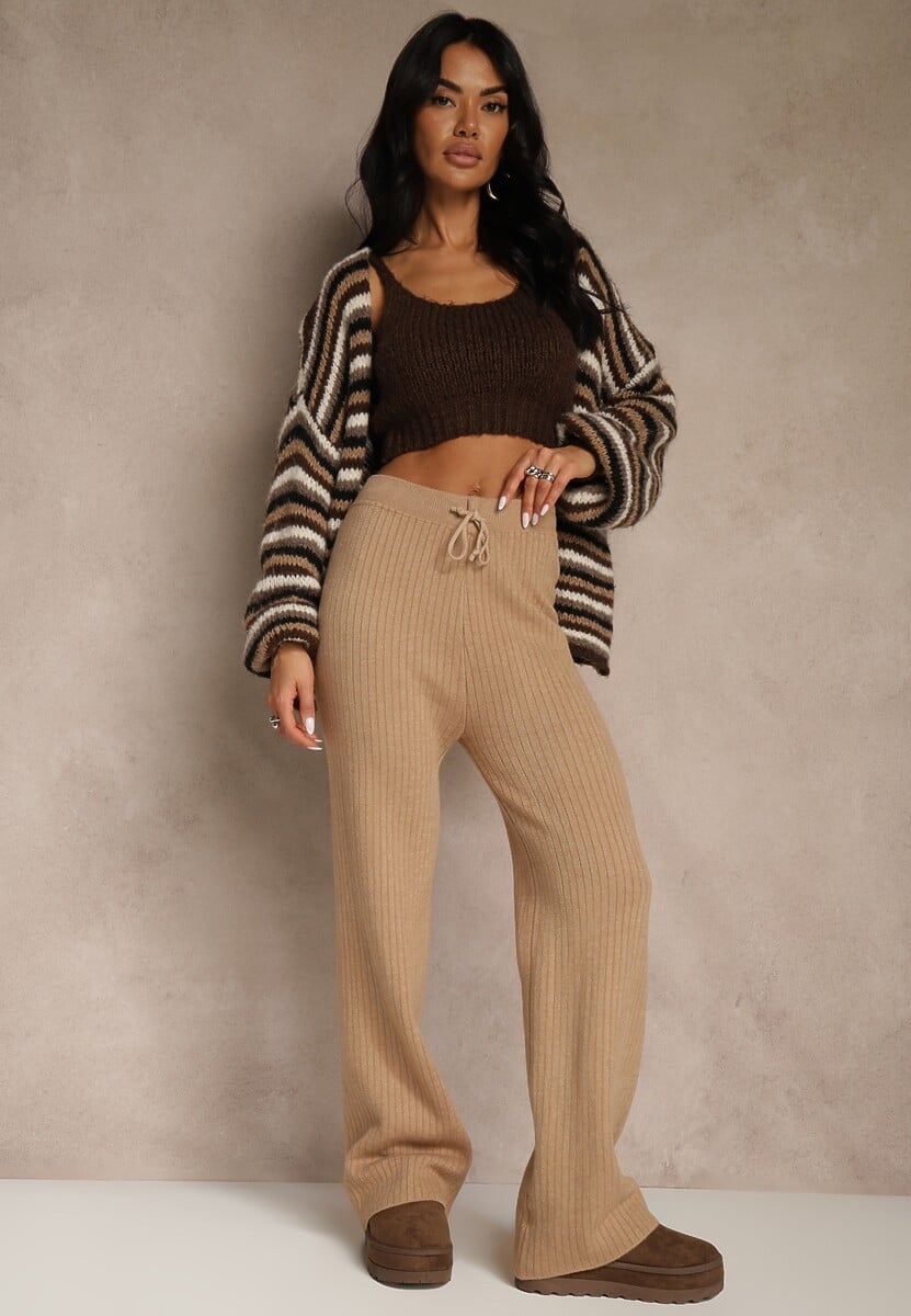 Beżowe Szerokie Spodnie z Wełną High Waist z Prążkowanego Materiału Reinna