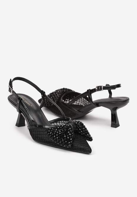 Czarne Czółenka Lakierowane na Obcasie Kaczuszce Ozdobione Cyrkoniami i Kokardą Emariel