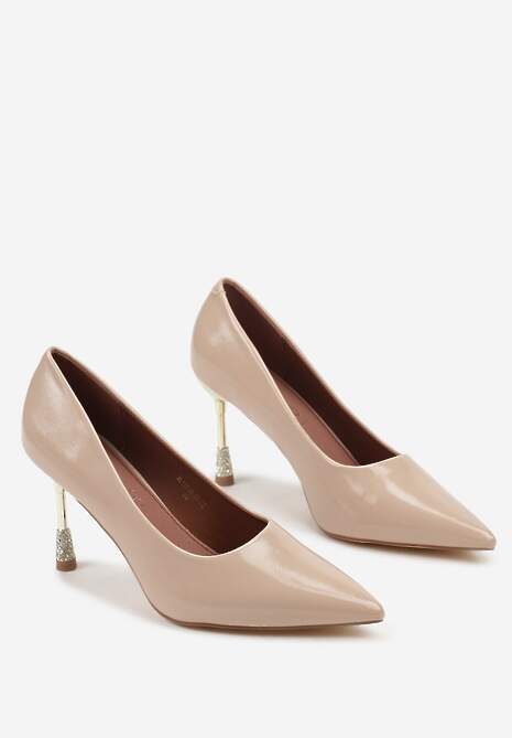 Beżowe Szpilki Lakierowane Vices ze Skórzaną Wkładką Ozdobione Cyrkoniami Cindrie