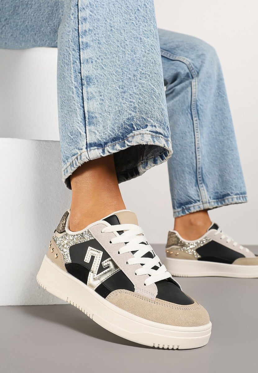 Beżowe Sneakersy Ozdobione Metalicznymi Aplikacjami i Brokatem Pilliossa