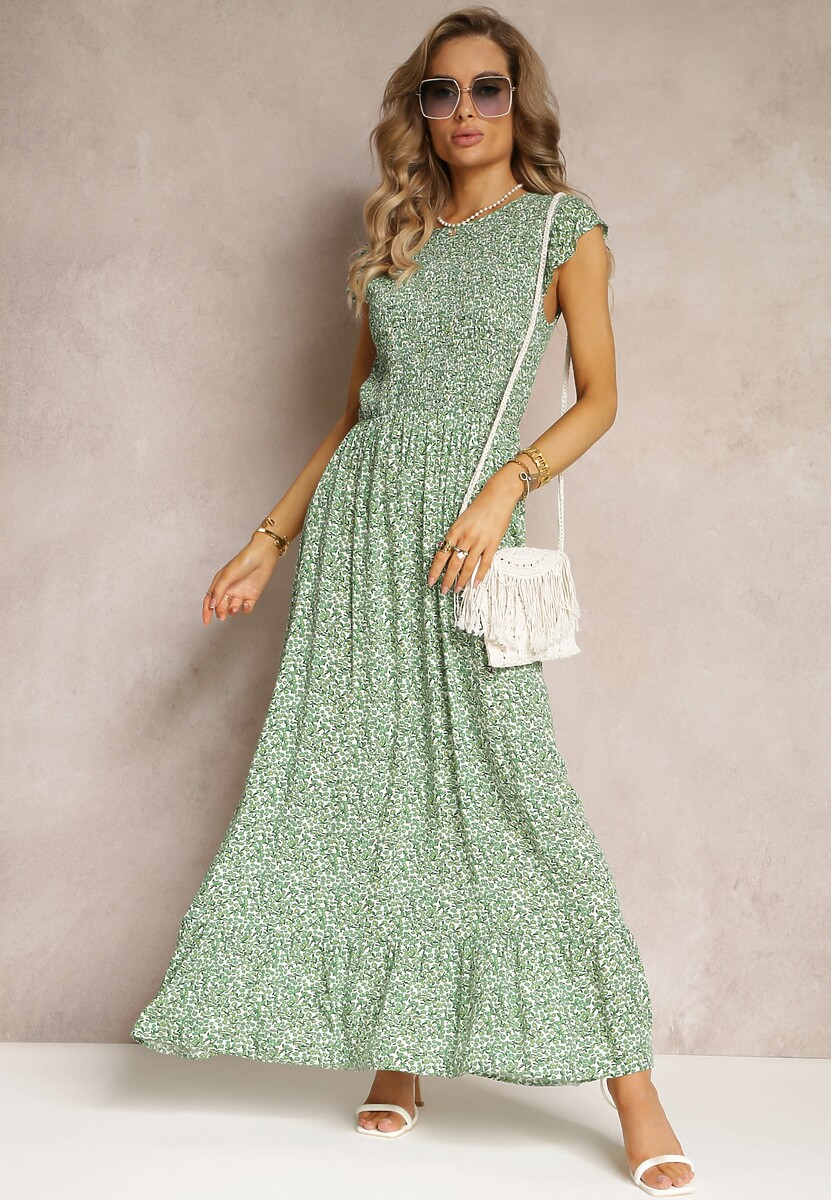 Zielona Rozkloszowana Sukienka z Wiskozy w Kwiaty Nusebia