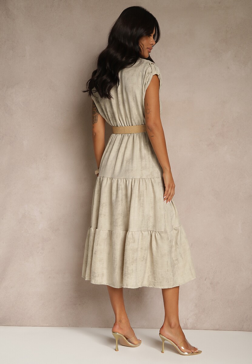 Jasnobeżowa Sukienka z Guzikami i Paskiem z Plecionki Fillona