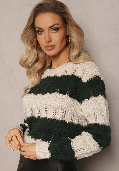 Beżowo-Zielony Sweter Ozdobiony Ażurowymi Wycięciami i Połyskującą Nitką Casiena