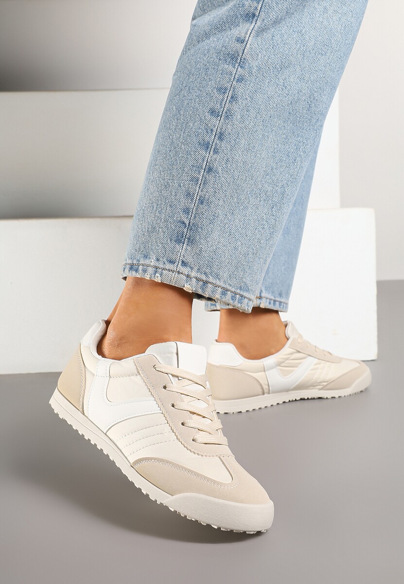 Beżowe Sneakersy Typu Tenisówki z Kontrastowymi Wstawkami Feladith