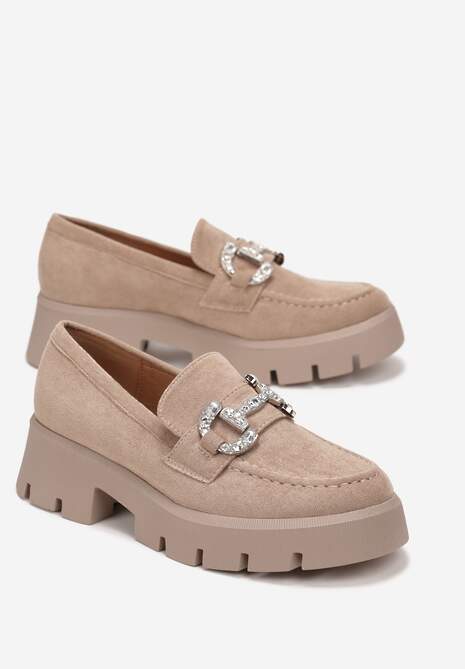 Ciemnobeżowe Mokasyny z Ozdobą w Cyrkonie na Grubej Podeszwie Zosima