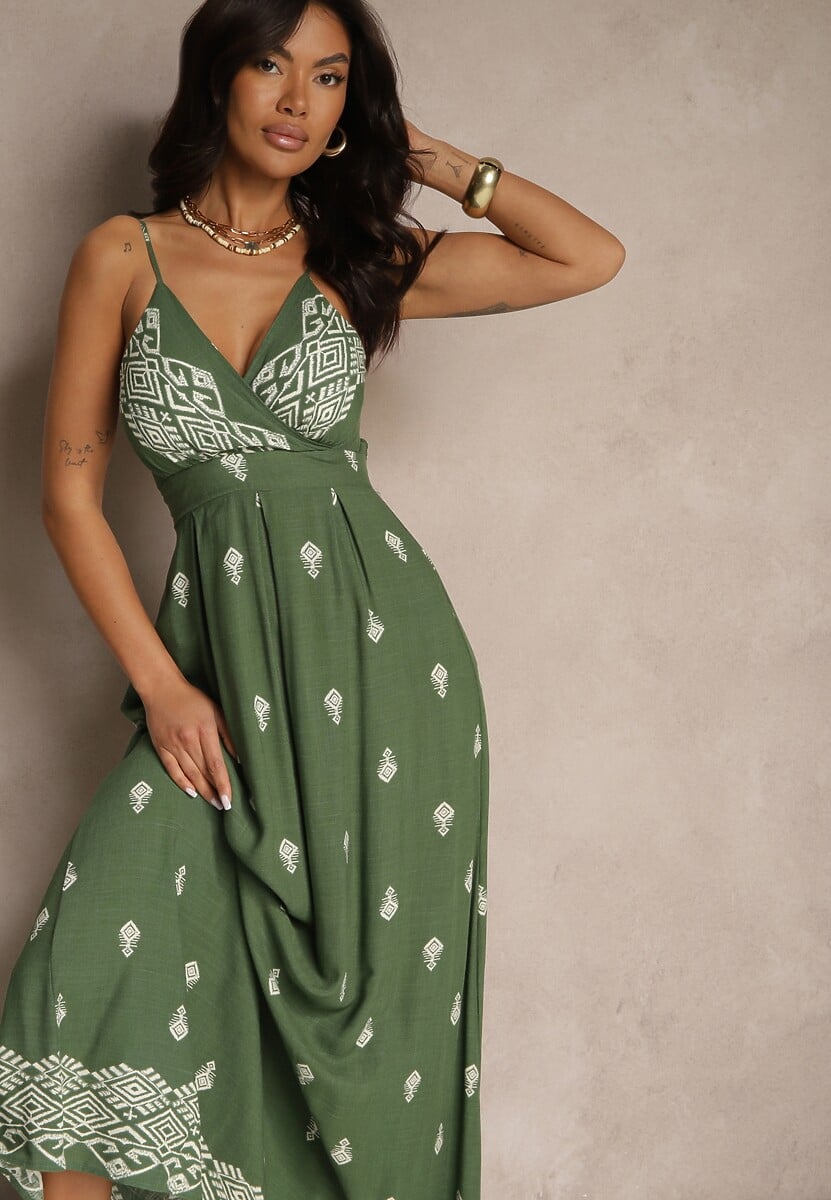 Zielona Kopertowa Sukienka na Ramiączkach z Bawełny z Wiązanym Paskiem Reveesia