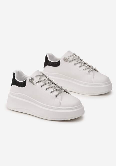 Biało-Czarne Sneakersy z Cyrkoniami na Sznurowadłach i Brokatem Terisla