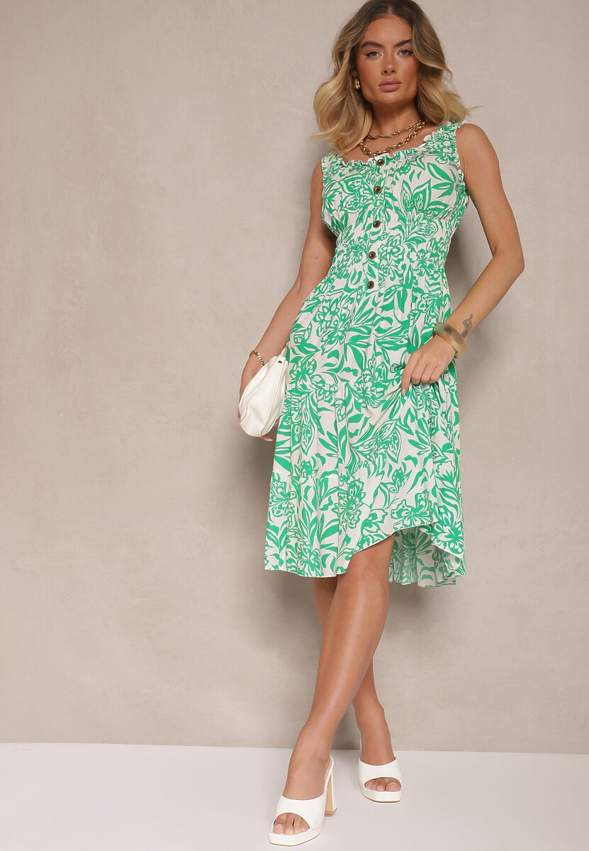 Zielona Rozkloszowana Sukienka z Bawełny z Guzikami Lisanissea