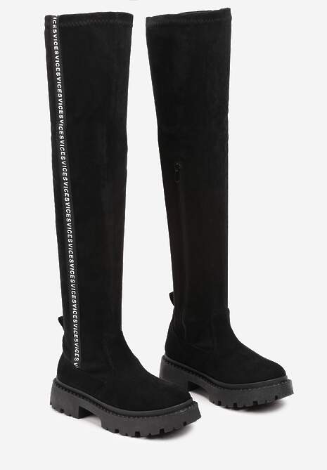 Czarne Kozaki z Ekozamszu z Dopasowaną Cholewką i Ozdobną Taśmą z Logo Naorema