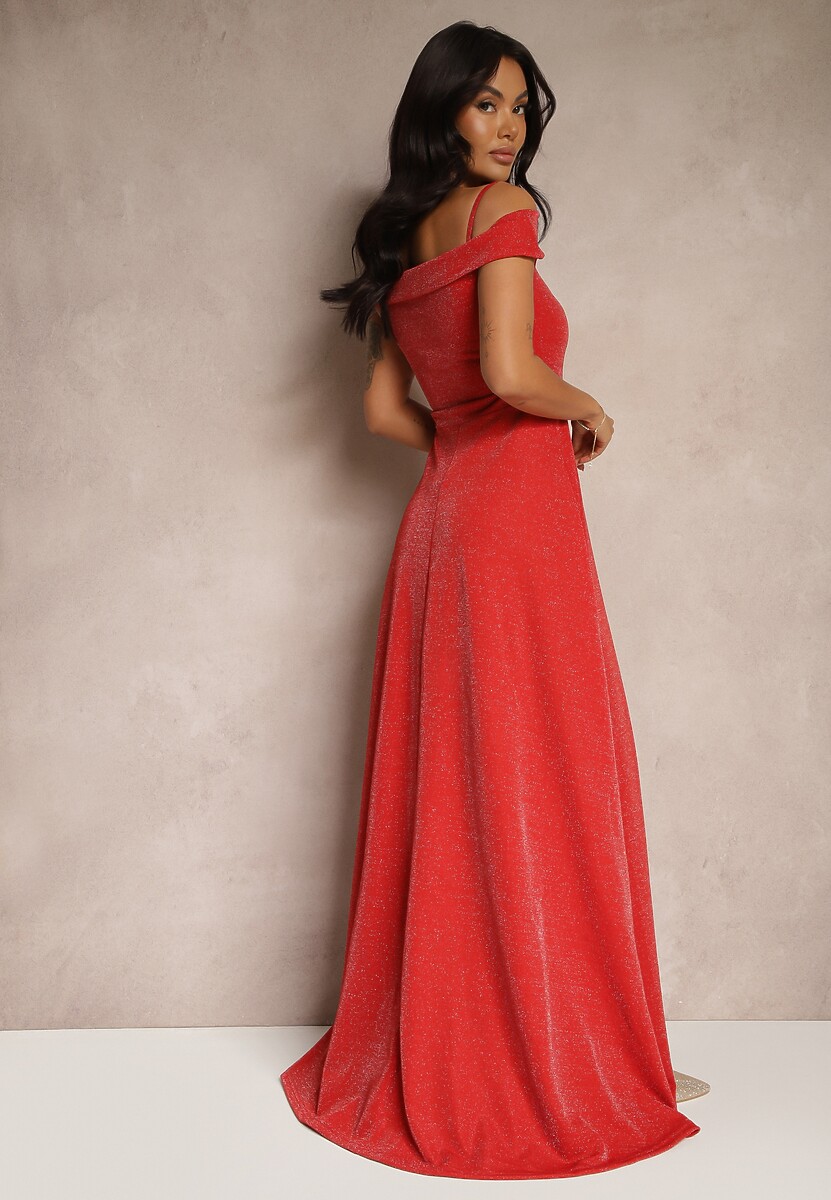 Czerwona Koktajlowa Sukienka o Rozkloszowanym Kroju z Metaliczną Nicią Emilinea