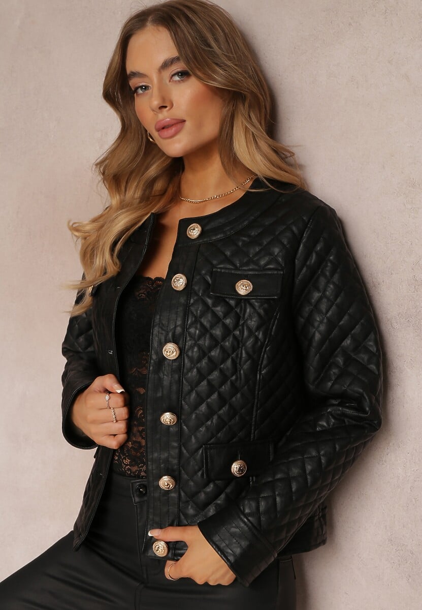 Czarna Pikowana Kurtka ze Skóry Ekologicznej z Guzikami Pasania