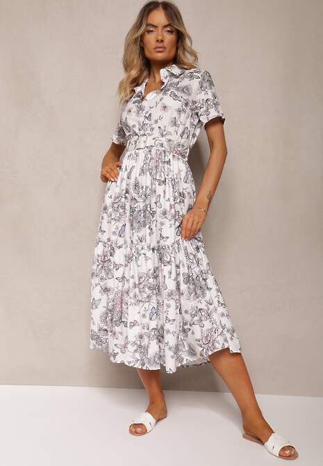 Biało-Szara Rozkloszowana Sukienka Koktajlowa z Paskiem Ozdobionym Klamrą i Gumką w Pasie Vimalinne