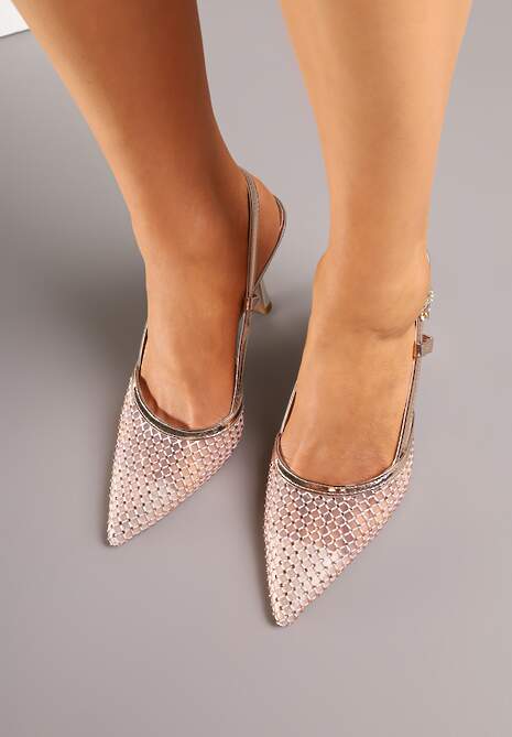 Szampańskie Sandały na Szpilce Vices z Siateczkową Cholewką z Cyrkoniami Liramire